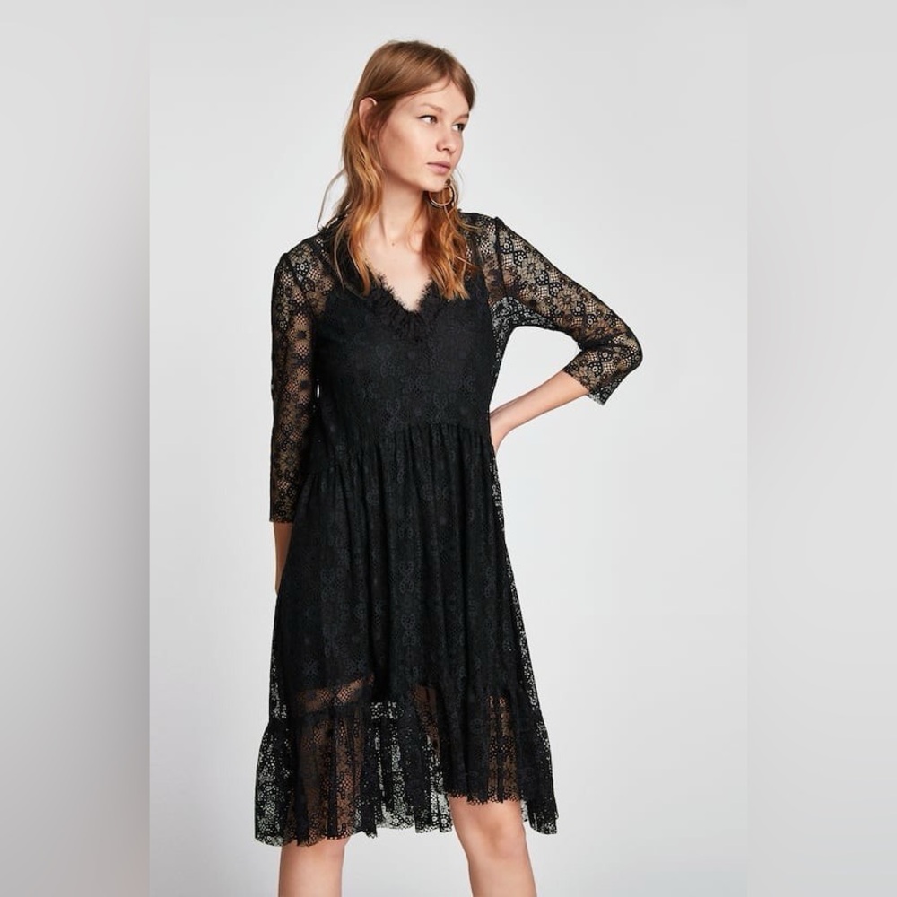 Zara Black 3/4 Sleeve V-Neck Lace Dress - Picture 15 of 16